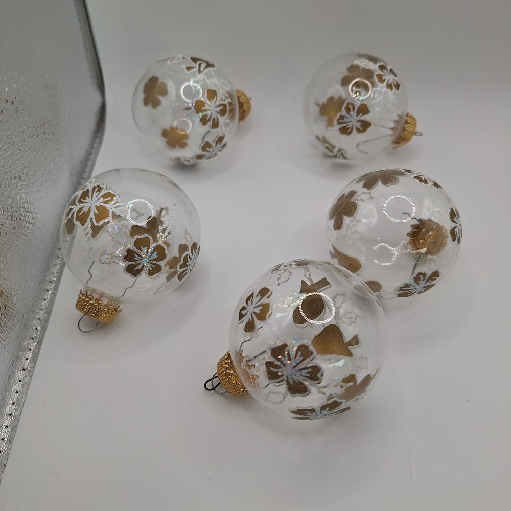 Set of 5 Krebs Unsilvered Glitter Love Bird Flowers Glass Christmas Ornament - Picture 4 of 4